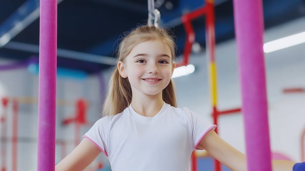 Cheerful girl smiling on pink bars in gym sport activity photo