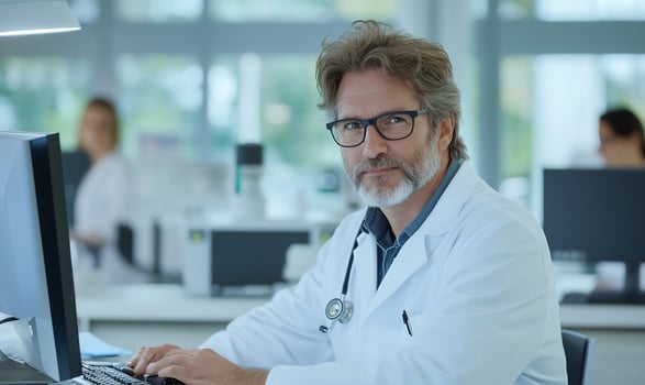 Doctor work with computer in medical office setting photo