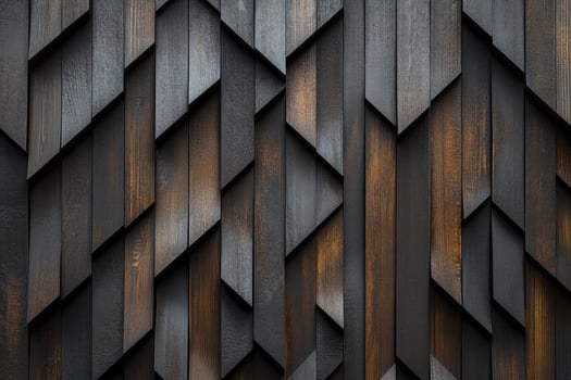 Angular wooden planks create a dark abstract facade with staggered depth and rich textures photo