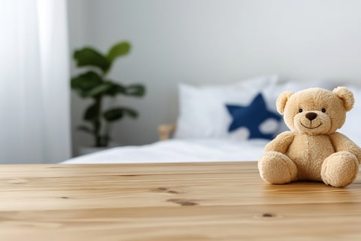 Teddy bear on wooden table in home interior photo