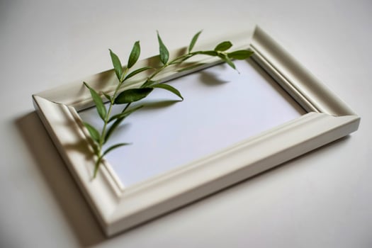 Empty white picture frame with delicate greenery photo