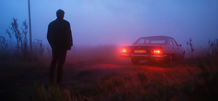 Man stand near car in foggy field at night photo