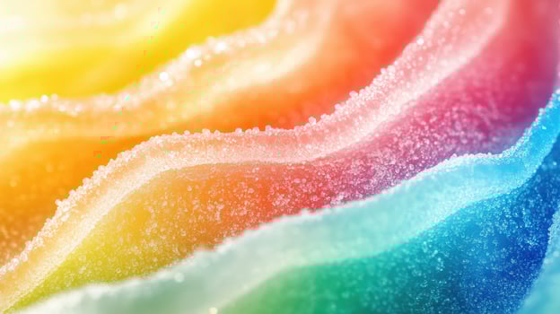 Macro vibrant rainbow candy layers covered with sugar crystals create an enticing food background photo
