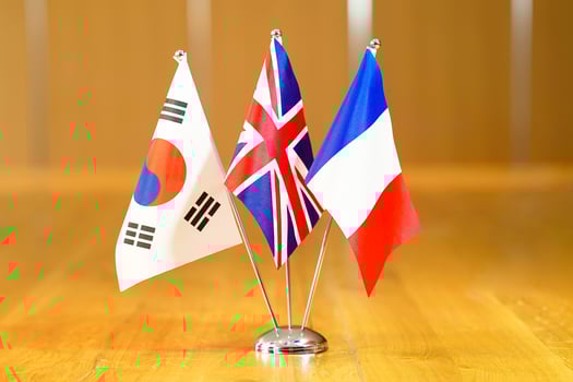 Flags of South Korea, UK and France. photo