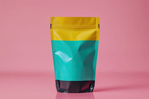 Sealed pouch displaying a yellow, teal, and black color block on a pink backdrop photo