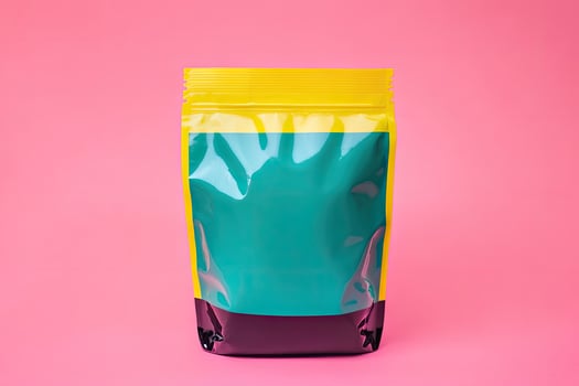 Colorful pouch mockup stands vividly against a light pink backdrop in a studio setting photo