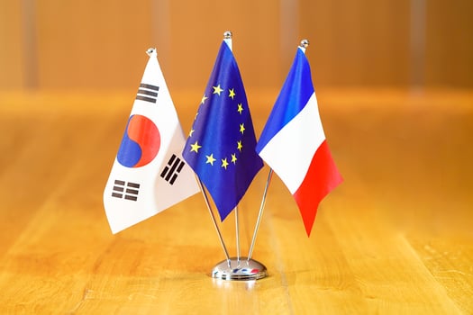 Flags of South Korea, European Union and France. photo