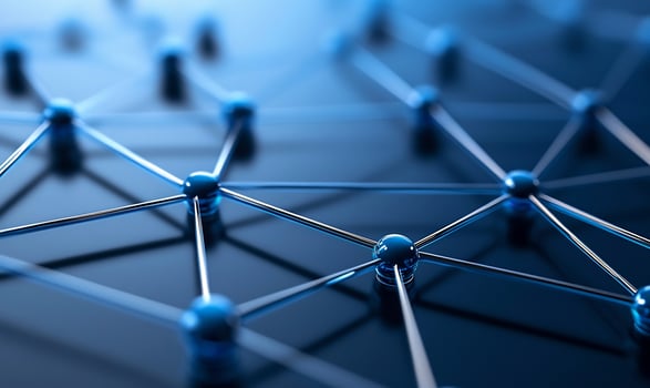 Interconnected network of metallic nodes and wires representing technology data communication photo