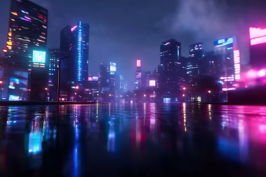 Futuristic cityscape at dusk with neon lights and reflections photo