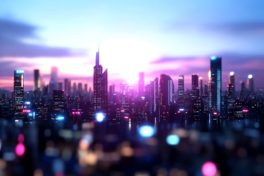Neon cityscape at twilight modern urban skyline with colorful lights photo