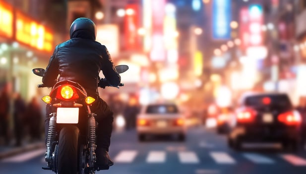 Motorcycle rider in motion on city street at night with blurred background photo