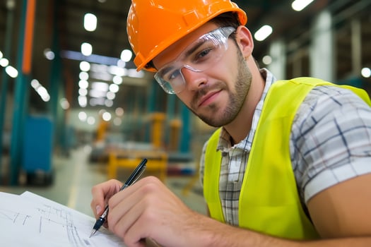 Safety gear man reviewing construction plan in factory setting photo