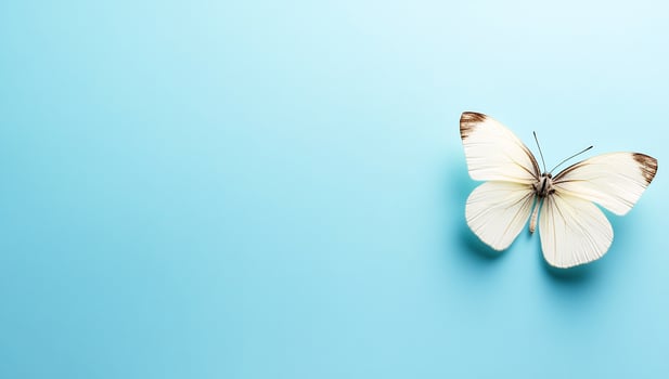 Delicate white butterfly on blue background macro studio shot overhead photo