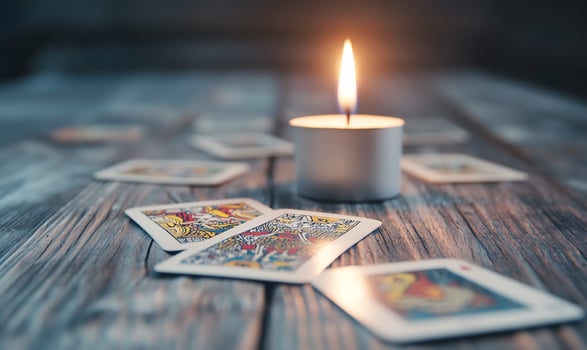 Candlelit tarot reading on rustic wood fortune telling and divination photo