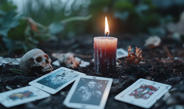Divination still life with tarot card skull and candle photo