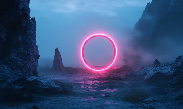 Neon circle in mystical landscape with glowing rocks futuristic portal background photo
