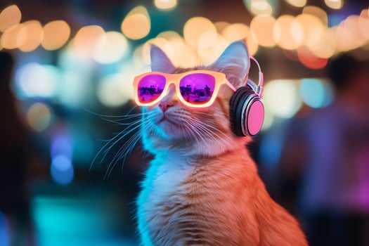 Cat wearing sunglasses and headphones in illuminated scene photo