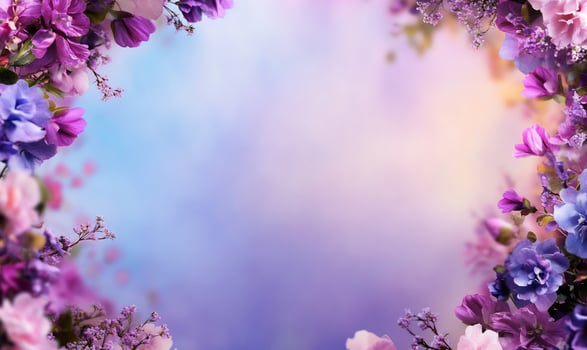 Floral arrangement frame gentle purple pink and blue flowers background design photo