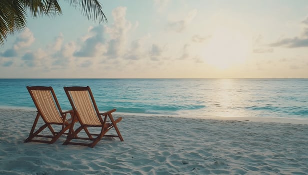 Tranquil beach scene with empty lounge chairs at sunset photo