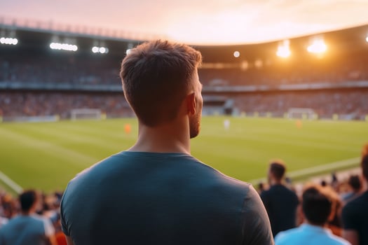 Spectator enjoying live sports event at stadium with cheering crowd and field view photo