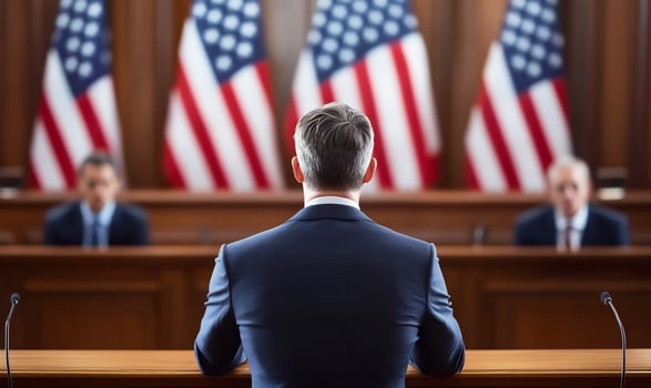 Government official speaking at desk before colleagues and flags in hearing room photo