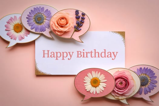 Happy birthday card with floral speech bubbles photo