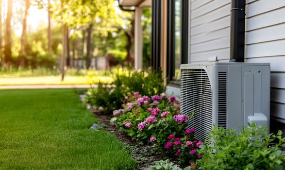 Home exterior with heat pump and flower garden for heating cooling system photo