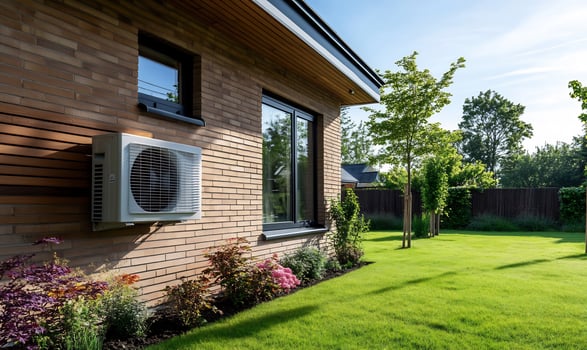 Modern brick building with air conditioning unit and green landscaping photo