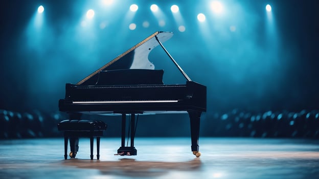 Grand piano on stage under blue lights for musical performance photo