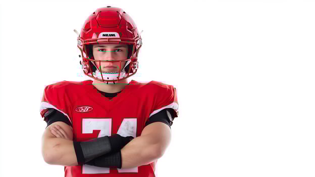 Confident football player portrait in red uniform and helmet on white background photo