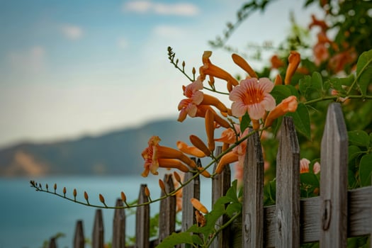 Orange trumpet flowers bloom over a weathered wooden fence by the sea photo