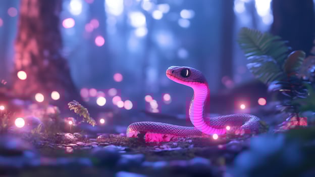 Snake coiled in a magical forest with glowing lights reptile wildlife photo