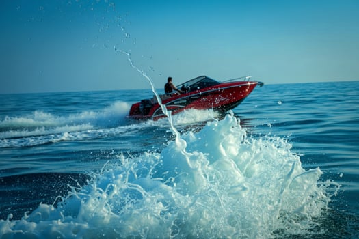 Red speedboat cuts through ocean waves with spray photo