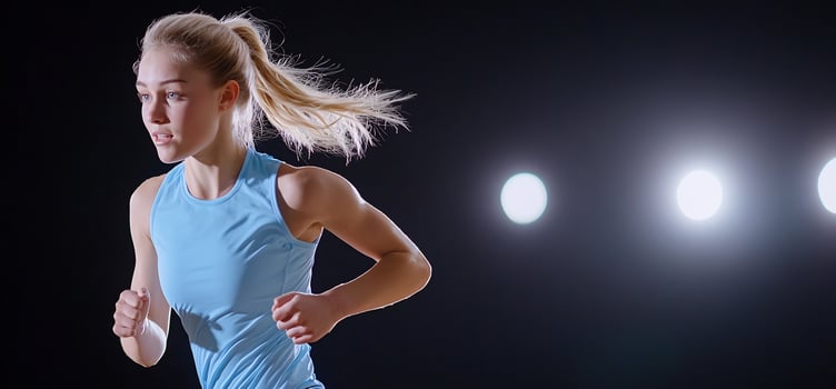 Determined woman running in spotlight for fitness and athletic achievement photo