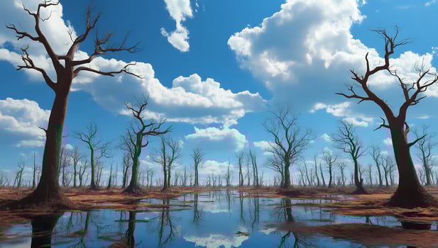Barren tree reflection landscape under cloudy blue sky environmental scenery photo