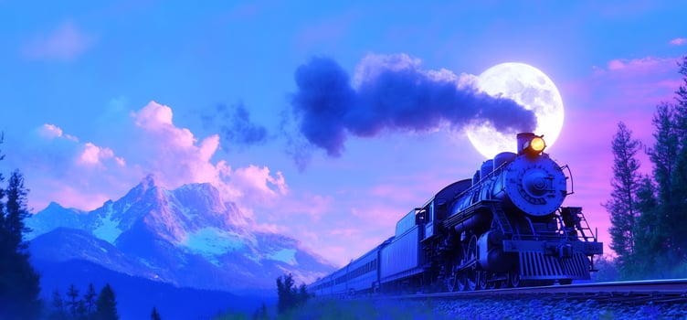 Steam train journey under moonlight fantasy landscape adventure photo
