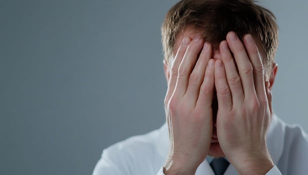Man covers face experiencing strong emotion stress or despair photo