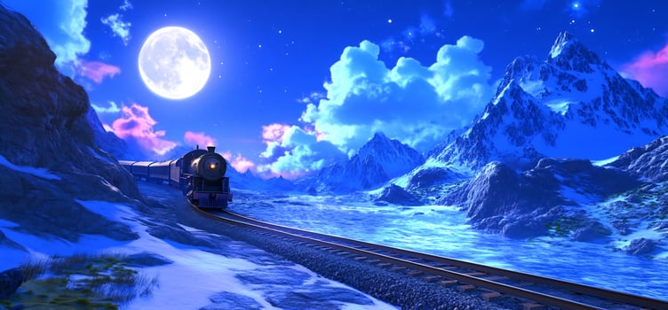 Snowy mountain landscape with vintage steam engine train under moonlight sky photo