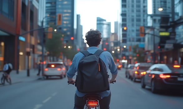 Cyclist riding bike on city street with buildings and cars photo