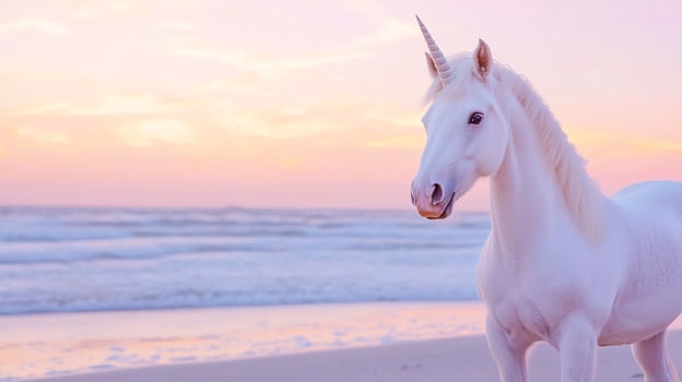 Majestic unicorn on a peaceful beach at sunset magical coastal scene photo
