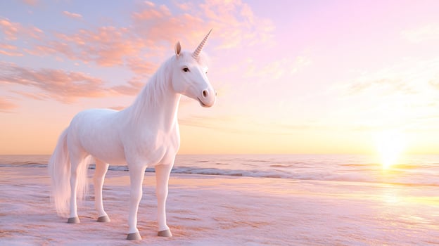 Majestic unicorn on beach at sunrise fantasy equine by the sea photo