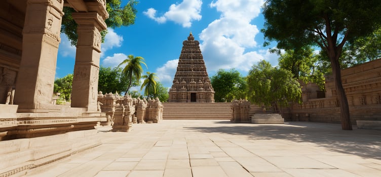 Ancient stone temple exterior with tower and statues against blue sky photo