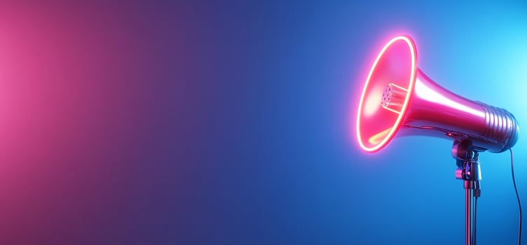 Illuminated neon light megaphone against gradient background for communication concepts photo