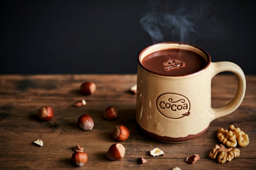 Steaming hot chocolate with hazelnuts and walnuts on wooden table photo