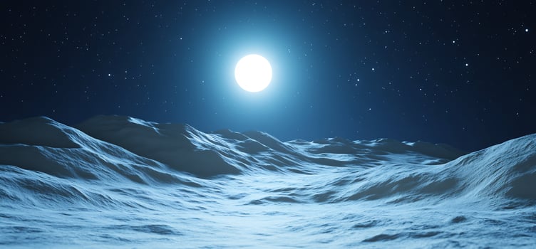 Moonlit snowy landscape under starry night sky scene photo