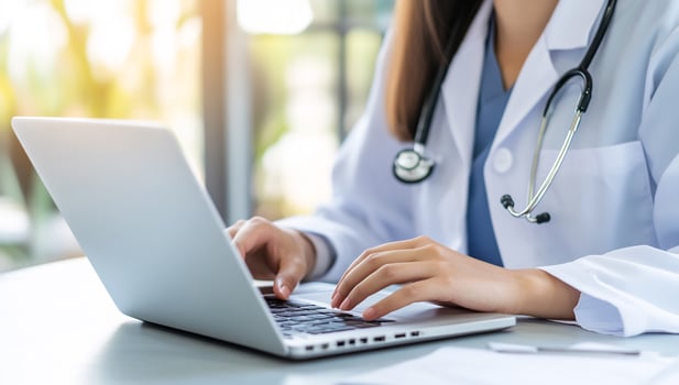 Healthcare professional using laptop for online consultation modern medicine and telemedicine concept photo