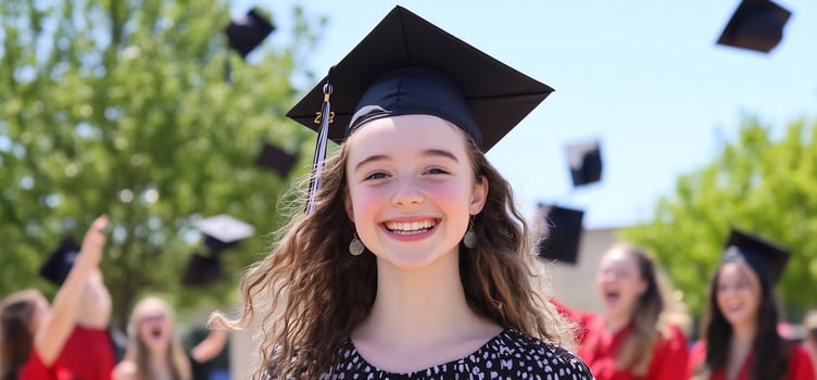 Graduation celebration young woman graduate toss caps academic achievement educational success photo