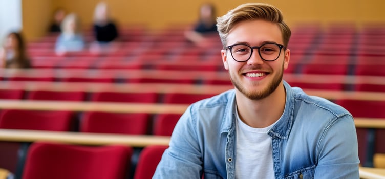 Smiling man wearing glasses sitting in auditorium filled with red seats photo