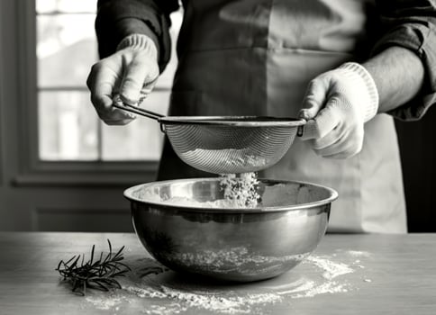 A person in apron mixing flour in a bowl photo