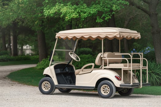 Elegant cream golf cart parked on gravel path amidst lush green trees photo